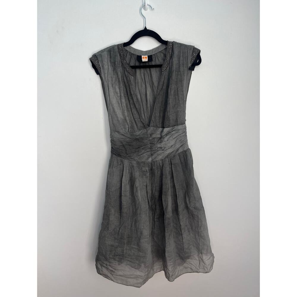 Boss Orange Gray Dress Women 6 Pleated Sheer‎ Cap Sleeve Embellished Waist